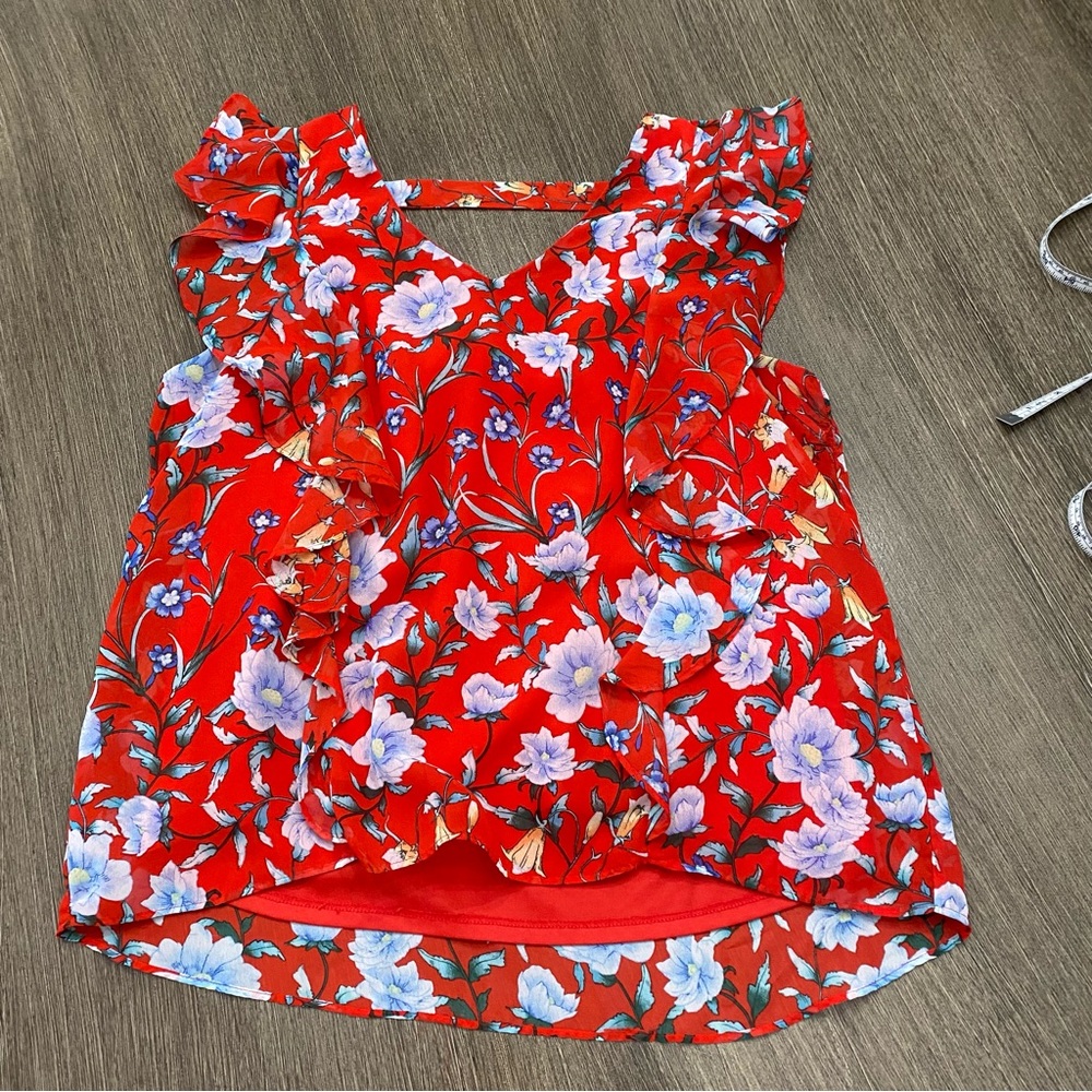 Floral Ruffle Print Pullover Blouse Red - Picture 3 of 12